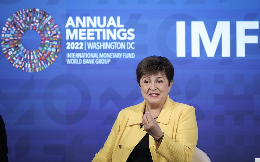 IMF Managing Director Kristalina Georgieva participates in a town hall discussion with civil society organizations at IMF headquarters on Oct. 10, 2022, in Washington, D.C.
