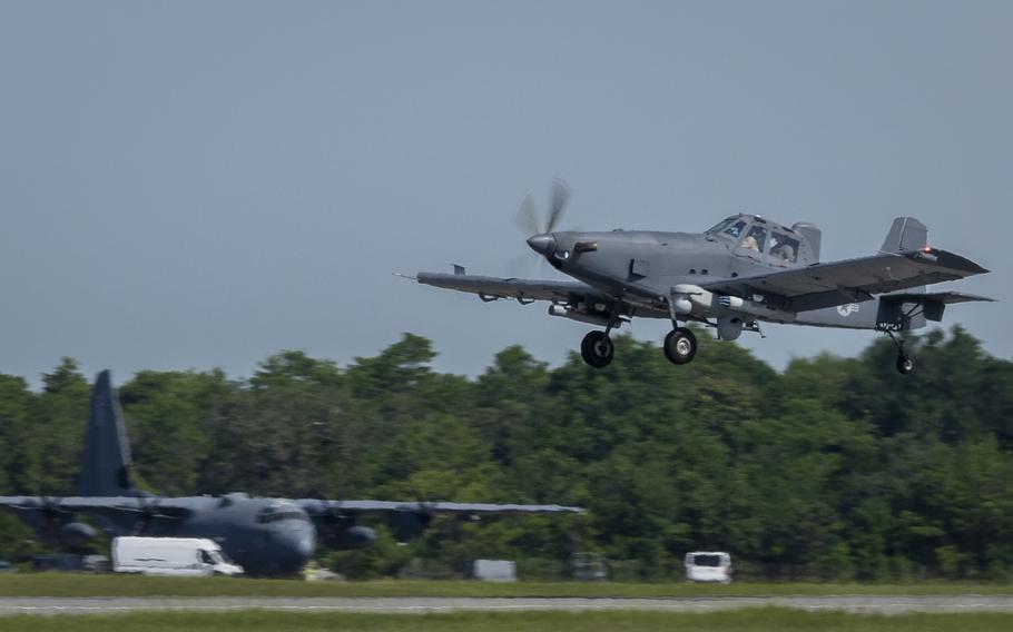 An aircraft takes off.