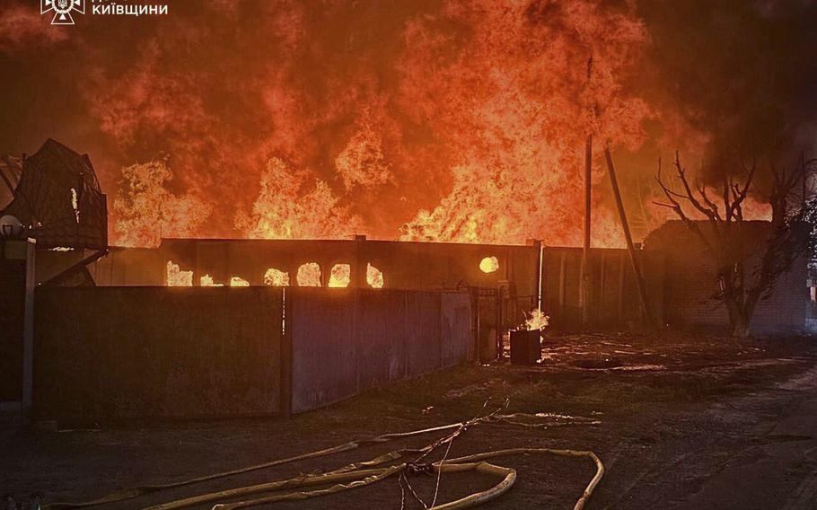 A fire following a Russian attack in Kyiv region