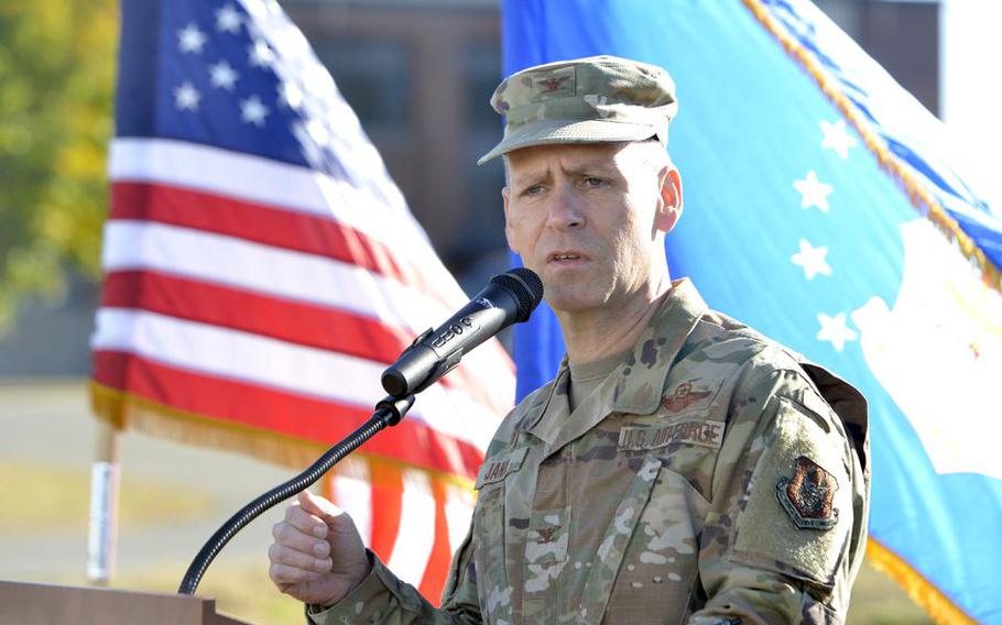 Colonel Joseph Janik, commander of the 439th Airlift Wing, Westover Air Reserve Base, speaks during a groundbreaking ceremony for a new Regional ISO Maintenance Hangar on the base.