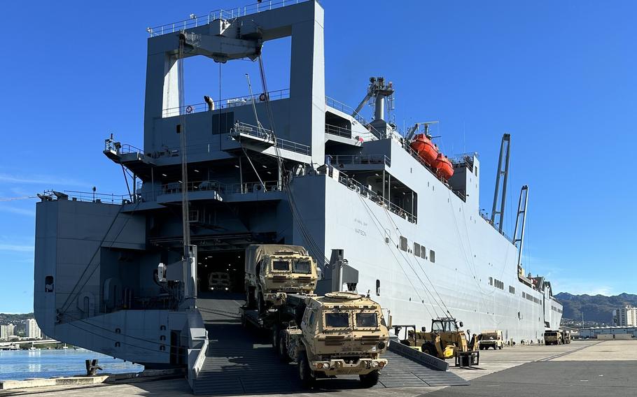 Soldiers assigned to 8th Theater Sustainment Command, 25th Infantry Division, 599th Transportation Brigade, 402nd Army Field Support Brigade, Department of Defense Contractors, and elements from the U.S. Navy offloaded military vehicles and containers as part of the Army Prepositioned Stock 3 Fix-Forward (Afloat) from the U.S. Naval Ship Watson at Honolulu, Hawaii, Tuesday, Nov. 29, 2022.