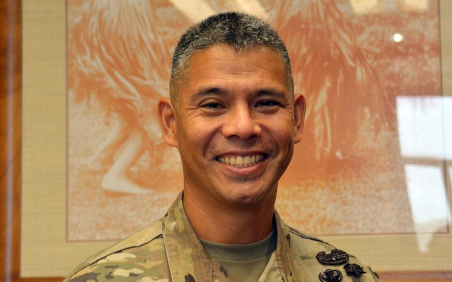 Army Brig. Gen. Lance Okamura, deputy commander for Joint Task Force-Red Hill, poses at his headquarters on Ford Island, Hawaii, Jan. 4, 2023.