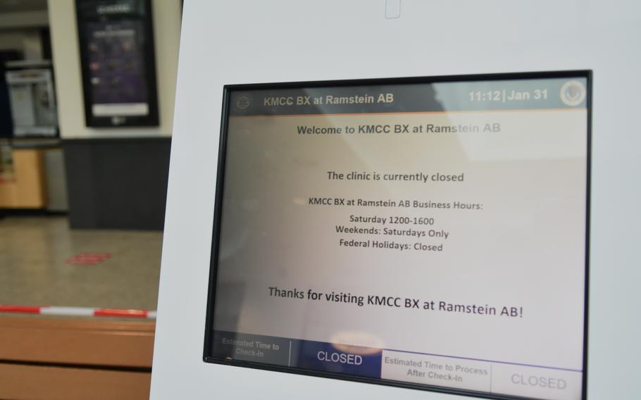 A kiosk outside the new Ramstein Clinic Satellite Pharmacy shows customer wait times during opening hours. The clinic opened late last month on the top floor of the Kaiserslautern Military Community Center at Ramstein Air Base, Germany. For now, its open only on Saturdays but hours are expected to be expanded.