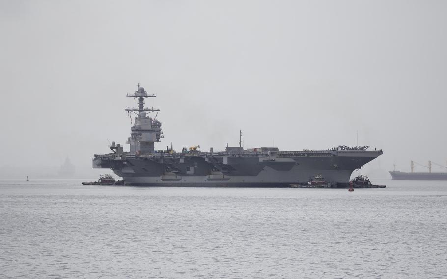 The aircraft carrier USS Gerald R. Ford (CVN 78) departs Naval Station Norfolk to transit to Newport News Shipyard in support of her Planned Incremental Availability (PIA), a six-month period of modernization, maintenance and repairs, Aug. 20, 2021. 