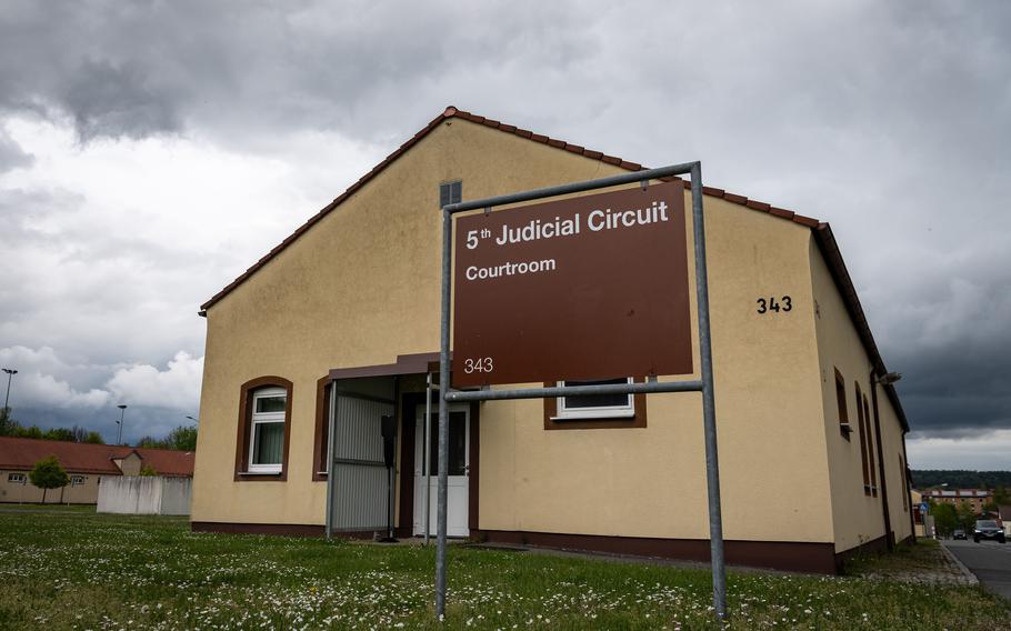 The 5th Judicial Circuit courthouse at Rose Barracks in Vilseck, Germany, is shown Wednesday, May 10, 2023, during the murder trial of Army Sgt. Nicholas Gubitosi.