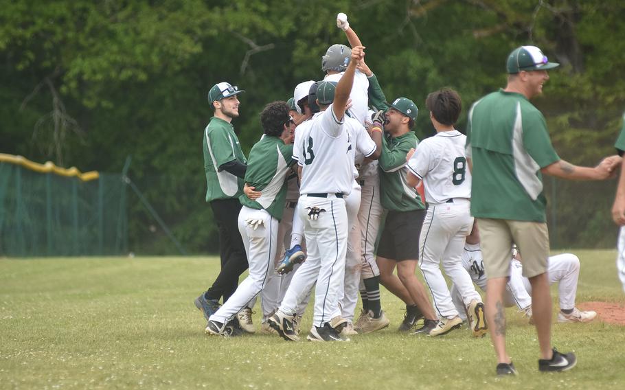 The Naples Wildcats celebrate a 3-2 six-inning victory over Aviano on Friday, May 19, 2023, that clinched a spot in Saturday's final game in the DODEA-Europe Division II/III baseball championships in Kaiserslautern, Germany.