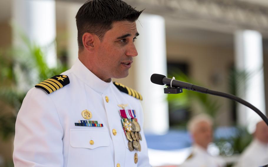 Capt. John Randazzo, the new commanding officer of U.S. Naval Support Activity Naples in Italy, speaks at a change of command ceremony July 7, 2023. He replaced Capt. James Stewart at the ceremony.