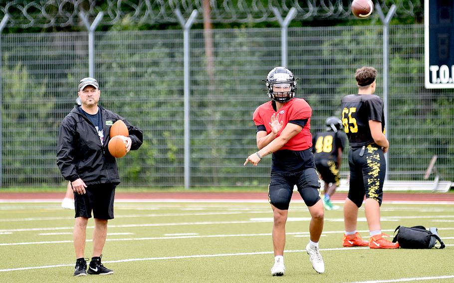 Panther quarterback Ty Jones throws a pass during a practice on Aug. 28, 2023, at Stuttgart High School in Boeblingen, Germany.