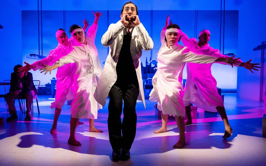 From left, Adam Chanler-Berat, Taylor Witt, Candice Shedd-Thompson, Nehal Joshi, Sumié Yotsukura, and Ronald Joe Williams in “Unknown Soldier.”