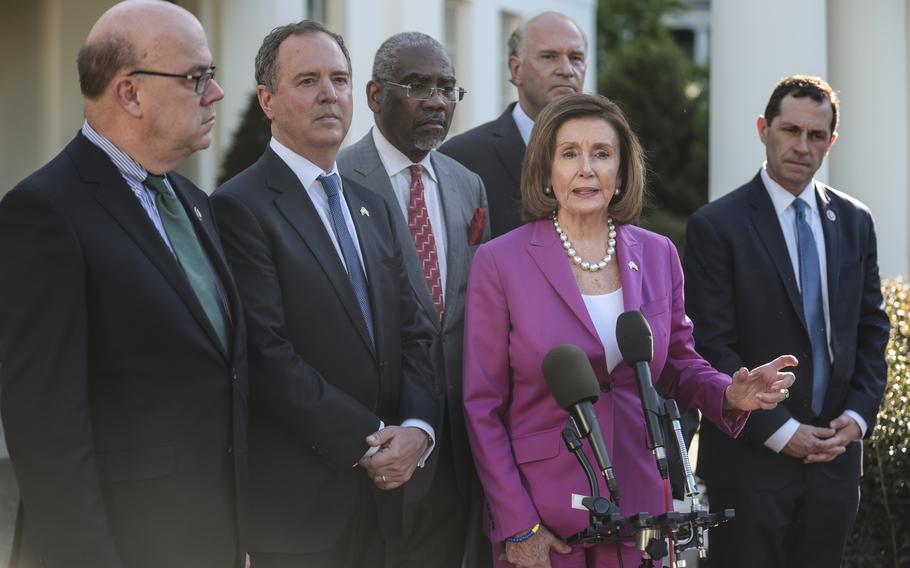 House Speaker Nancy Pelosi, D-Calif., speaks after a May 10 White House meeting with President Biden alongside members of the congressional delegation that recently visited Ukraine. 
