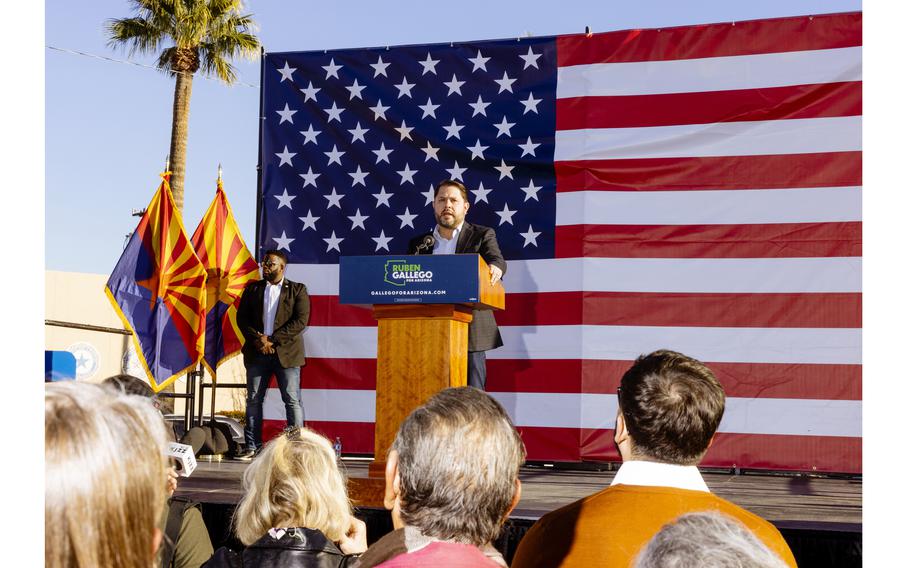 Gallego speaks during a campaign event to kick off his run for the U.S. Senate against Kyrsten Sinema (I-Ariz.). 
