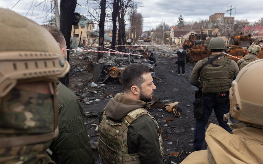 President Zelensky in Bucha, Ukraine, on April 4, 2022.