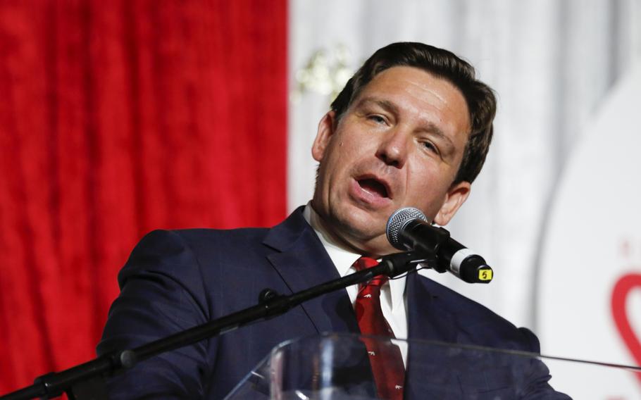 Ron DeSantis, governor of Florida, speaks during the 2022 Victory Dinner in Hollywood, Fla., on July 23, 2022. 