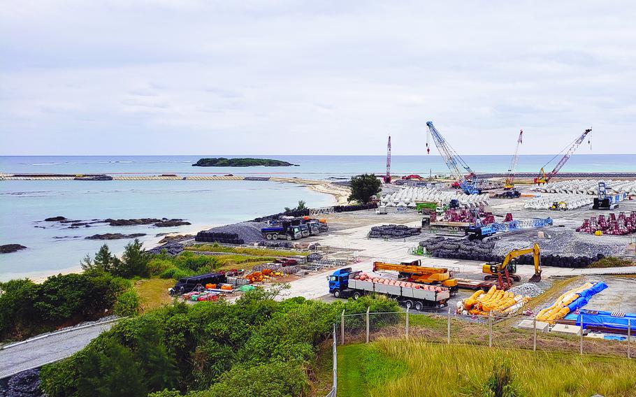 Landfill work for the construction of a Marine Corps runway at Camp Schwab, Okinawa, is seen in January 2020. 