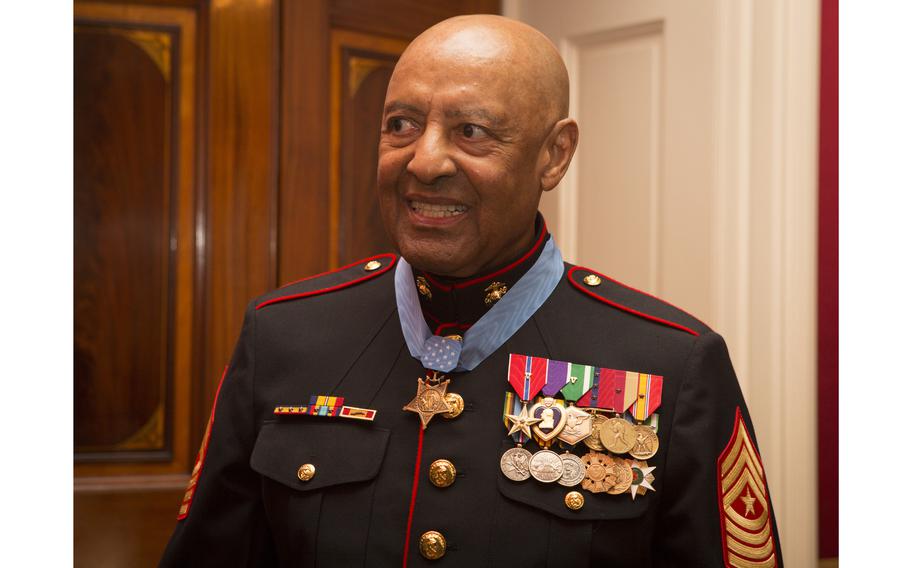 Retired U.S. Marine Corps Sgt. Maj. John L. Canley, the 298th Marine Medal of Honor recipient, attends a reception after the Medal of Honor ceremony at the White House in Washington, Oct. 17, 2018. 