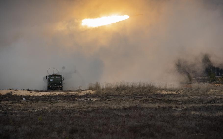 U.S. Marines launch rockets from a High Mobility Artillery Rocket System during training at Adazi Training Area, Latvia, March 7, 2019. U.S. Army Europe and Africa deployed soldiers and two HIMARS systems to Latvia on Sept. 26, 2022, to demonstrate rapid artillery deployment to NATO’s eastern flank.