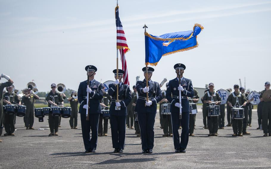 The 628th Air Base Wing Honor Guard performs during the opening ceremonies of the Charleston Airshow at Joint Base Charleston, S.C., Saturday, April 20, 2024. 