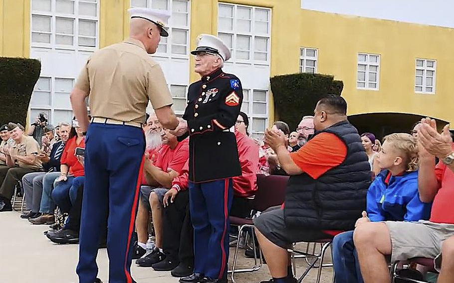World War II Marine veteran Frank Wright, 97, is honored at Marine Corps Recruit Depot San Diego during an October 2022 event, some 80 years after he enlisted and completed basic boot camp at the installation in 1942.