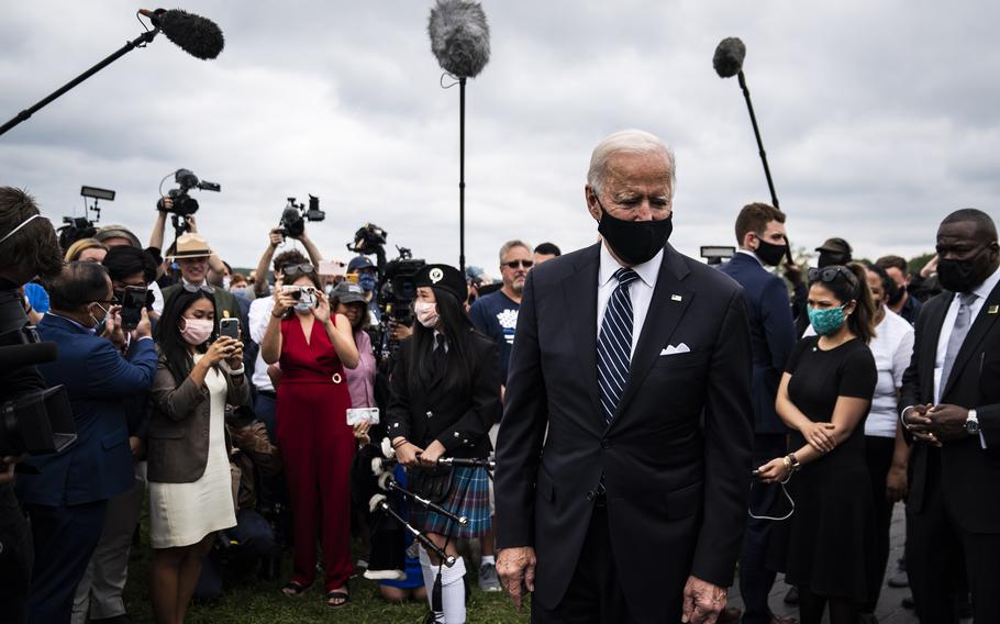 Democratic presidential candidate Joe Biden at the Flight 93 National Memorial on Sept. 11, 2020, in Shanksville, Pa.