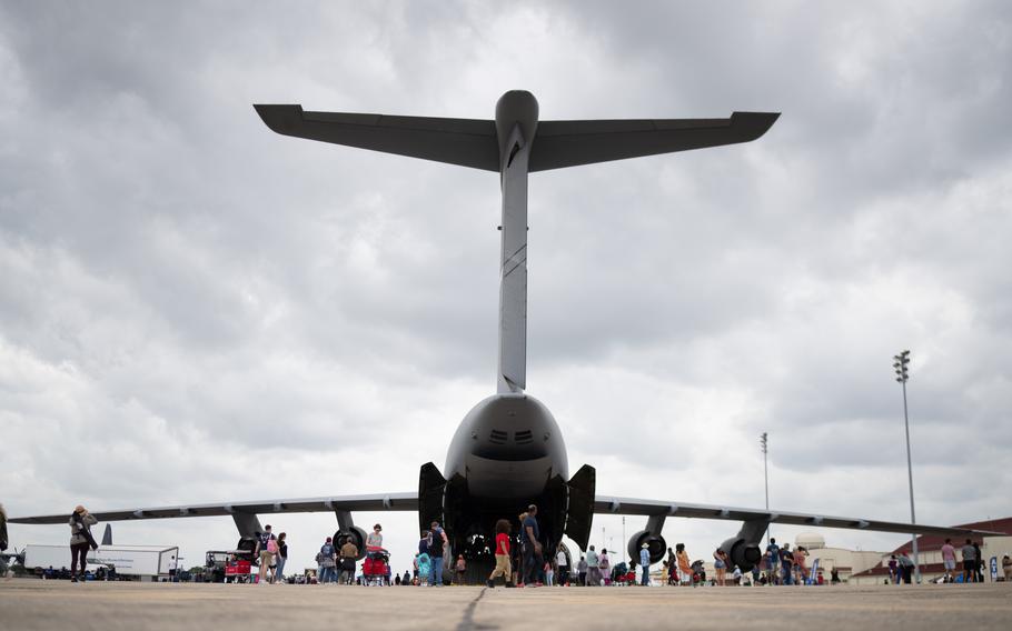 Visitors at The Great Texas Airshow tour a static C-5M Super Galaxy, Saturday, April 6, 2024, at Joint Base San Antonio-Randolph, Texas. 