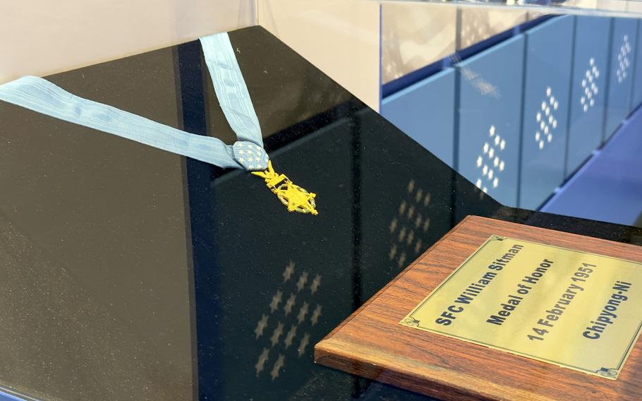 The Medal of Honor posthumously awarded to Army Sgt. 1st Class William Sitman is on display at the 2nd Infantry Division, Eighth Army and Korean Theater of Operations Museum at Camp Humphreys, South Korea, Oct. 19, 2022.