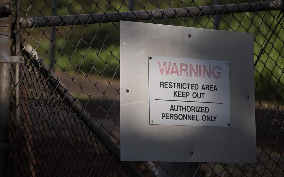 A warning sign posted at the Navy’s Red Hill fuel storage facility in Honolulu, Hawaii, on Dec. 11, 2021. 