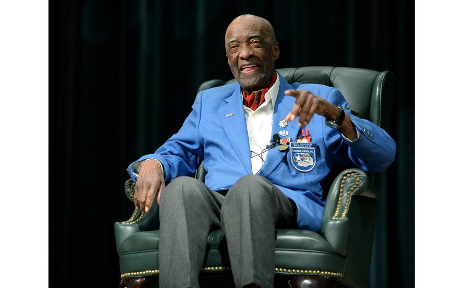 Retired Lt. Col. Enoch “Woody” Woodhouse II, Tuskegee Airman, delivers a keynote speech to Soldiers and Civilians at the U.S. Army John F. Kennedy Special Warfare Center and School auditorium at Fort Bragg, N.C., on Feb. 25, 2019. 