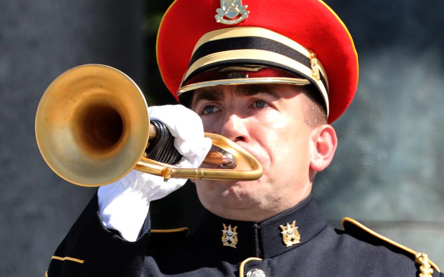 The bugler at Monday’s Memorial Day ceremony at the National World War II Memorial in Washington, D.C. set the tome for musicians across the country who would take part in “Taps Across America" later in the day.