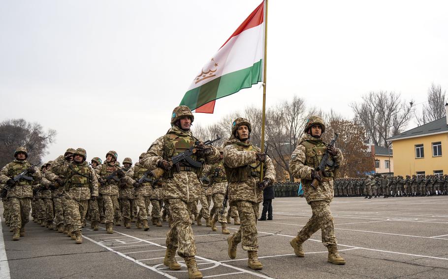 Peacekeepers from Uzbekistan, members of the Russian-led Collective Security Treaty Organization attend a ceremony in Almaty, Kazakhstan, on Thursday, Jan. 13, 2022, as the security force began to withdraw its troops from Kazakhstan.