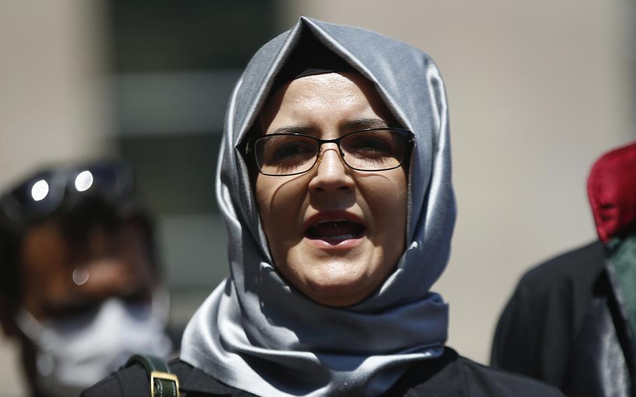 In this July 3, 2020, file photo, Hatice Cengiz, the fiancee of slain Saudi journalist Jamal Khashoggi, talks to members of the media in Istanbul. Amnesty International reported that its forensic researchers had determined that NSO Group’s flagship Pegasus spyware was successfully installed on the phone of Cengiz, just four days after Khashoggi was killed.
