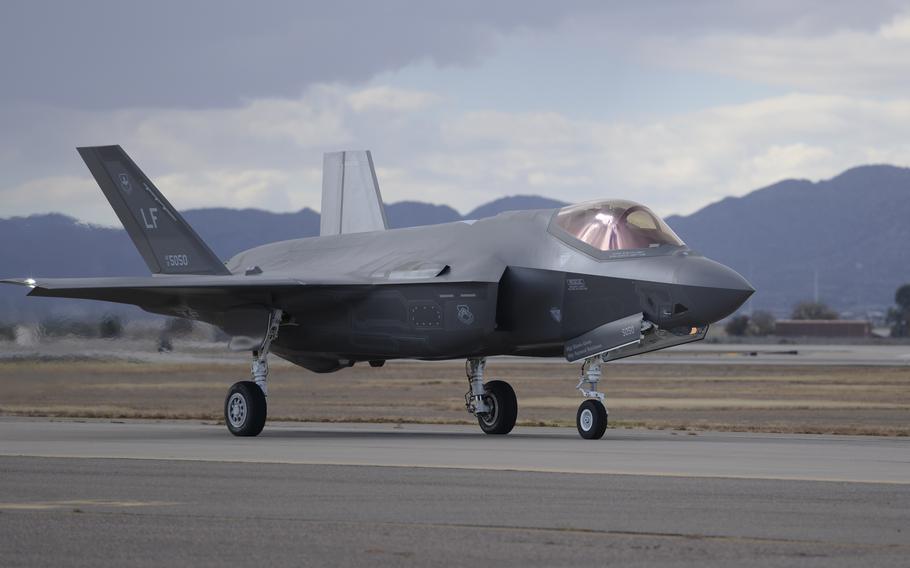 An F-35 taxis from the runway onto the flightline after successfully completing a sortie, Dec. 14, 2015, at Luke Air Force Base.