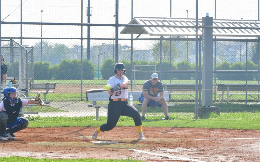 Isabella Epersen of the Vicenza Cougars connects with a pitch and hits a triple against the Rota Admirals on Caserma Del Din, Vicenza, Italy April 6, 2024. 