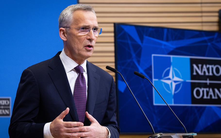 NATO Secretary-General Jens Stoltenberg speaks to reporters June 14, 2023, ahead of the meetings on Thursday and Friday of NATO defense ministers in Brussels.