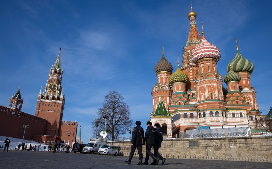 Police officers patrol Red Square, near the Kremlin, in Moscow on Feb. 15, 2022. MUST CREDIT: Bloomberg photo by Andrey Rudakov.