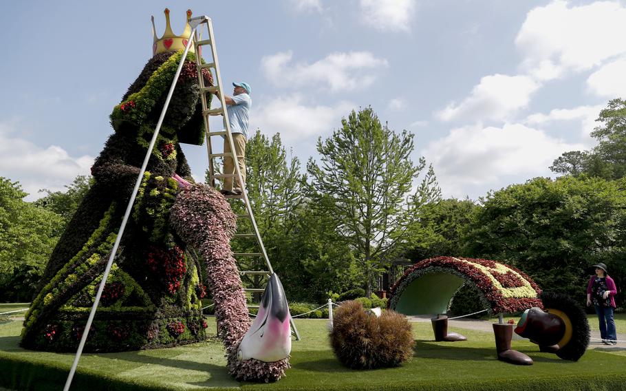 Sennett Holcomb trims the Queen of Hearts’ head in the “Alice’s Adventures in the Garden” exhibit at Memphis Botanic Garden May 10 in Memphis, Tenn. The exhibit will remain open until Oct. 31. 