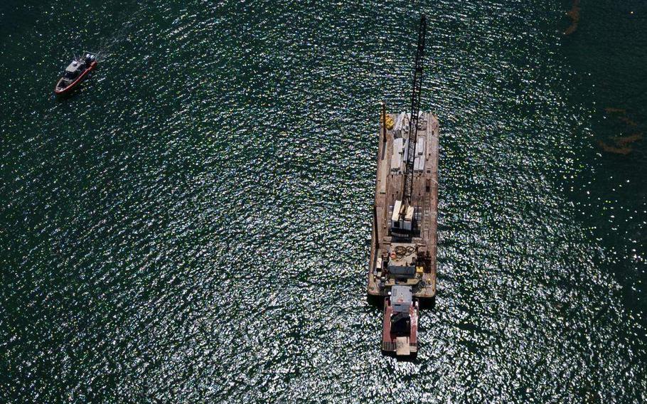 A view from above of a barge.