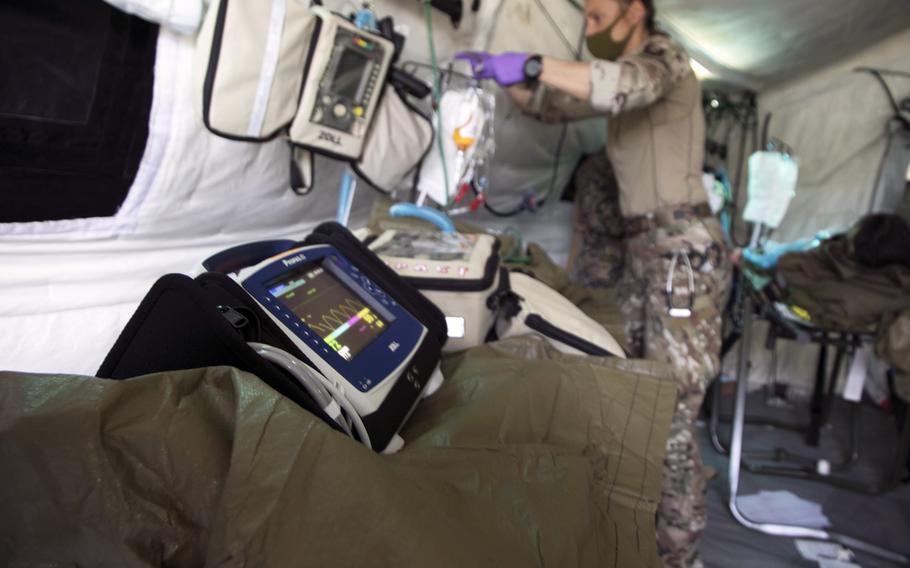 A heart monitor beeps at Kadena Air Base, Okinawa, during the annual Remote Island Disaster Exercise, Tuesday, Nov. 2, 2021.