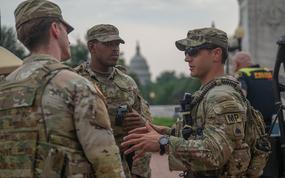 District of Columbia National Guard members arrive at Union Station  
in Washington, D.C., Aug. 17, 2025. Guard members are positioned at key locations throughout the city to provide a visible security presence alongside law enforcement partners. (U.S. Army photo by Pfc. Jose Rolando Garcia)