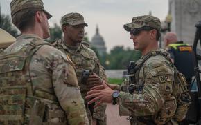 District of Columbia National Guard members arrive at Union Station  
in Washington, D.C., Aug. 17, 2025. Guard members are positioned at key locations throughout the city to provide a visible security presence alongside law enforcement partners. (U.S. Army photo by Pfc. Jose Rolando Garcia)