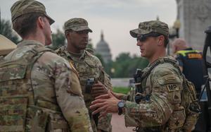 District of Columbia National Guard members arrive at Union Station  
in Washington, D.C., Aug. 17, 2025. Guard members are positioned at key locations throughout the city to provide a visible security presence alongside law enforcement partners. (U.S. Army photo by Pfc. Jose Rolando Garcia)