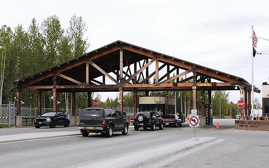 A gate at Joint Base Elmendorf-Richardson, Alaska. Base officials said in a statement May 10, 2022, that a soldier was killed by a bear while training outside of Anchorage. 