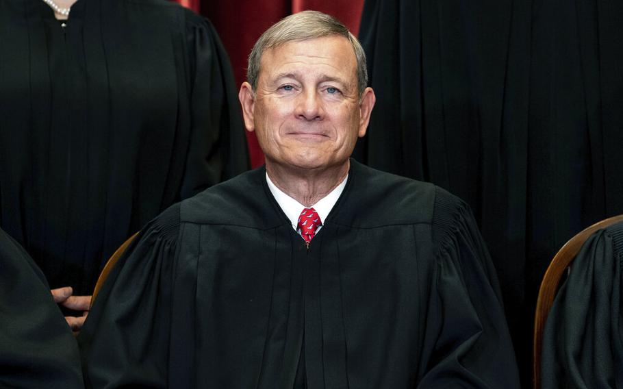 Chief Justice John Roberts sits at the Supreme Court in Washington on April 23, 2021.