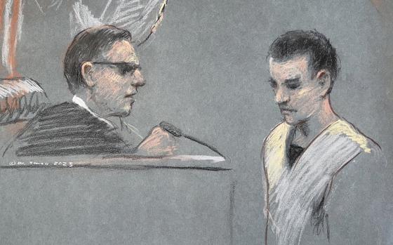FILE - This artist depiction shows Massachusetts Air National Guardsman Jack Teixeira, right, appearing in U.S. District Court in Boston, April 14, 2023. Prosecutors say that superiors of Teixeira, charged with leaking highly classified military documents, had raised concerns internally on multiple occasions about his handling or viewing of classified information. (Margaret Small via AP, File)
