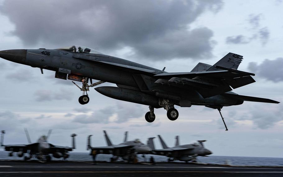 An F/A-18E Super Hornet lands on the aircraft carrier USS Gerald R. Ford on Dec. 6, 2023. The Ford Carrier Strike Group is currently operating in the Mediterranean Sea. 
