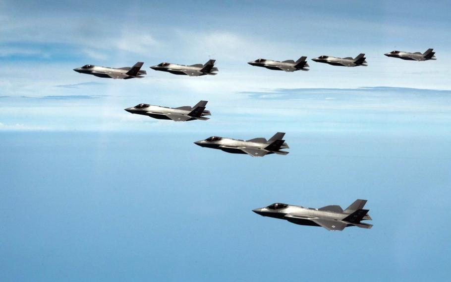 F-35A Lightning II stealth fighters from the United States and South Korea train together in South Korean airspace in July 2022. 
