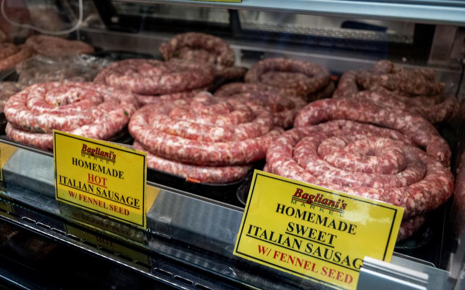 Homemade sausage links at a market.