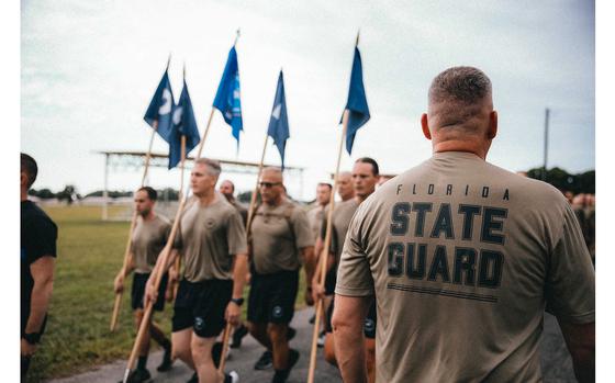 Florida State Guard members take part in marching drills.