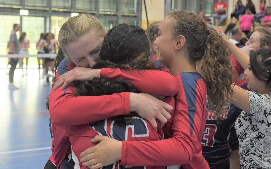 The Aviano Saints celebrate their win in the DODEA-Europe girls' Division II championship tournament Saturday Oct. 29, 2022, at Ramstein High School.