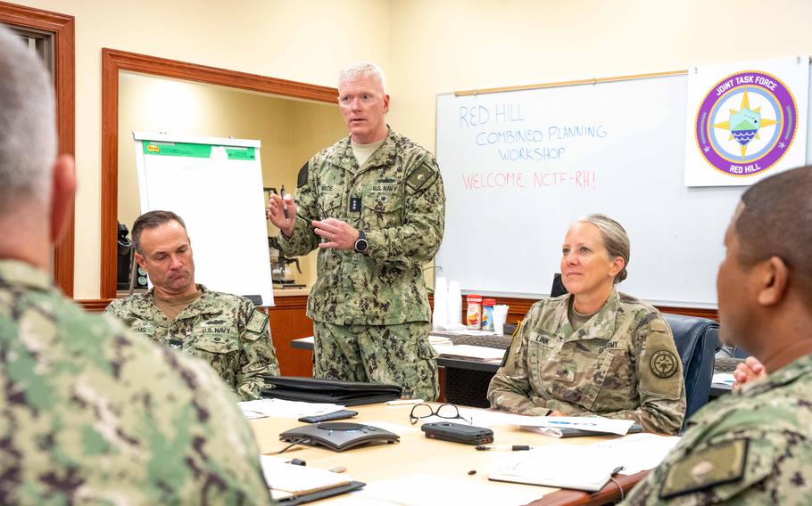 U.S. Navy Vice Adm. John Wade, the commander of Joint Task Force-Red Hill (JTF-RH), delivers remarks during a planning meeting at Joint Base Pearl Harbor-Hickam, Hawaii, Nov. 28, 2023. 
