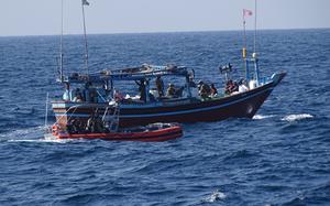Coast Guardsmen from the USCGC Emlen Tunnell seize illegal narcotics from a stateless vessel in the Arabian Sea on Feb. 7, 2025. The interdiction was the first drug seizure since New Zealand assumed command of Combined Task Force 150 on Jan. 15.